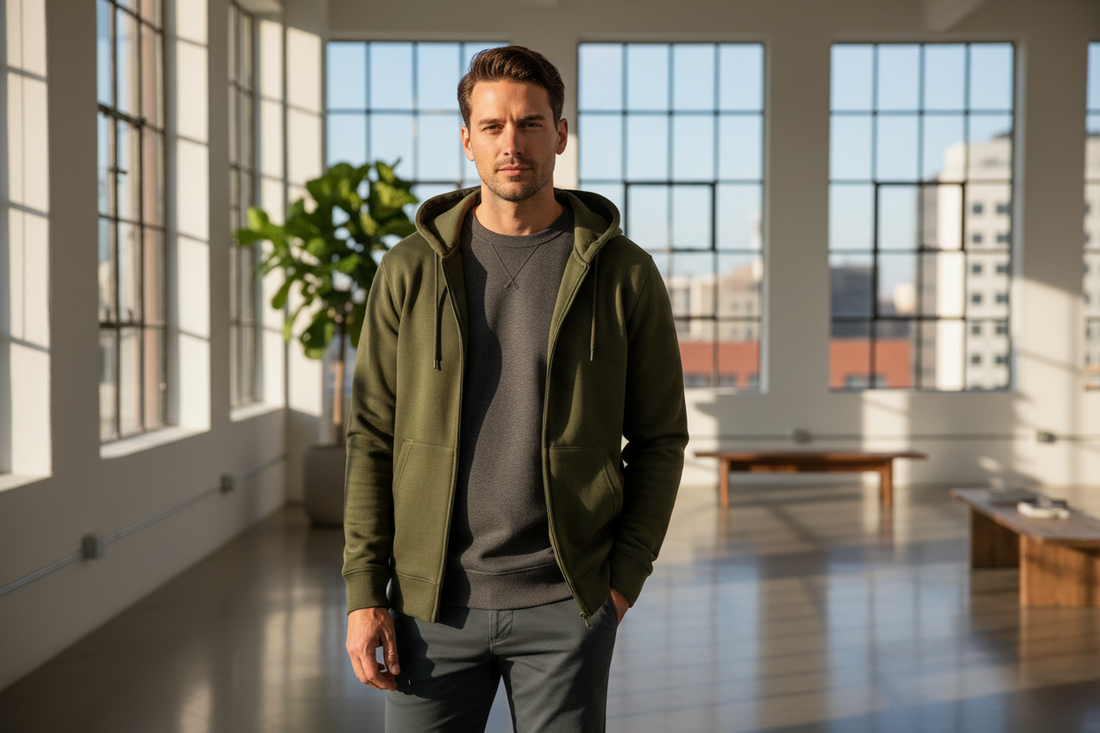 Mann in modischem Hoodie und Sweatshirt in einem hellen, modernen Loft – Kategorie Herren Pullover.