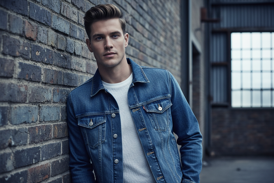 Mann in Jack & Jones Denim-Outfit vor einer urbanen Backsteinwand.