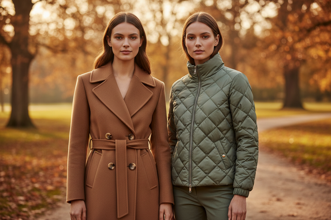 Zwei Frauen in modischen Herbst-Outfits mit Wollmantel und Steppjacke im Freien.