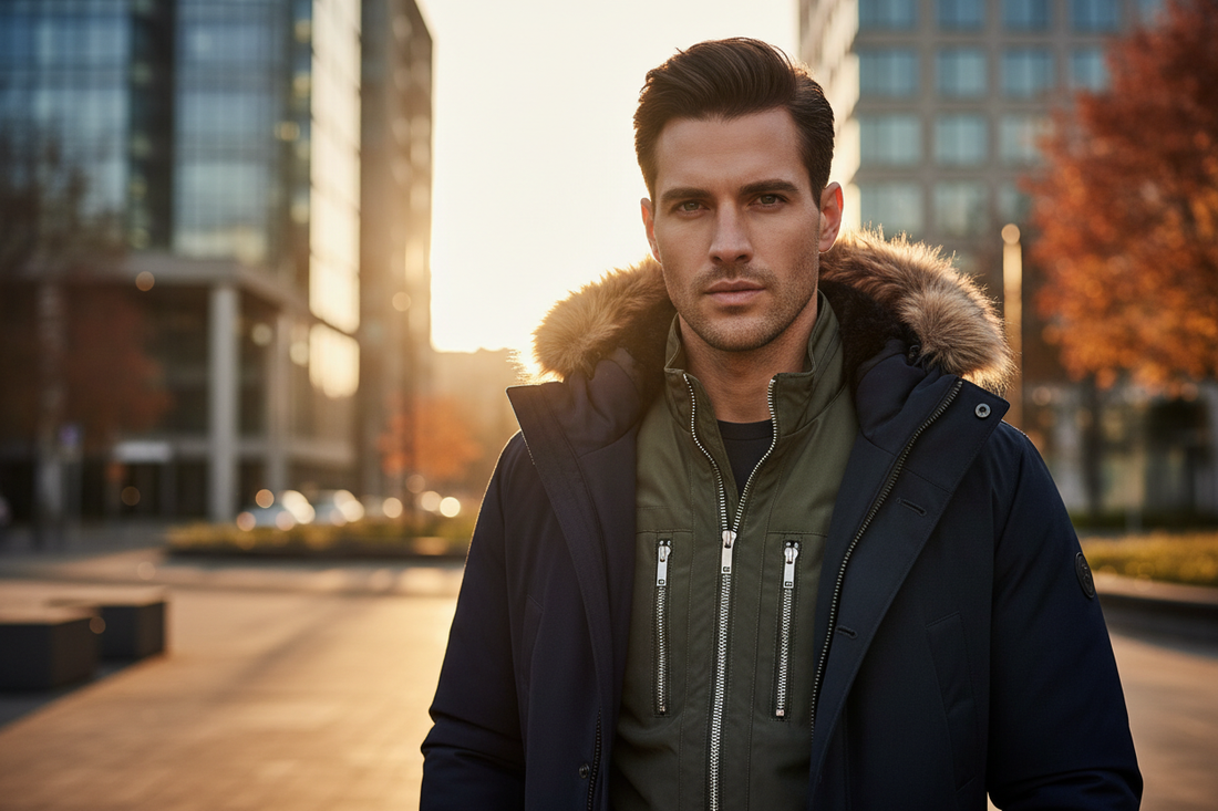 Mann in einem modernen dunkelblauen Parka und einer grünen Übergangsjacke im urbanen Herbst-Setting.